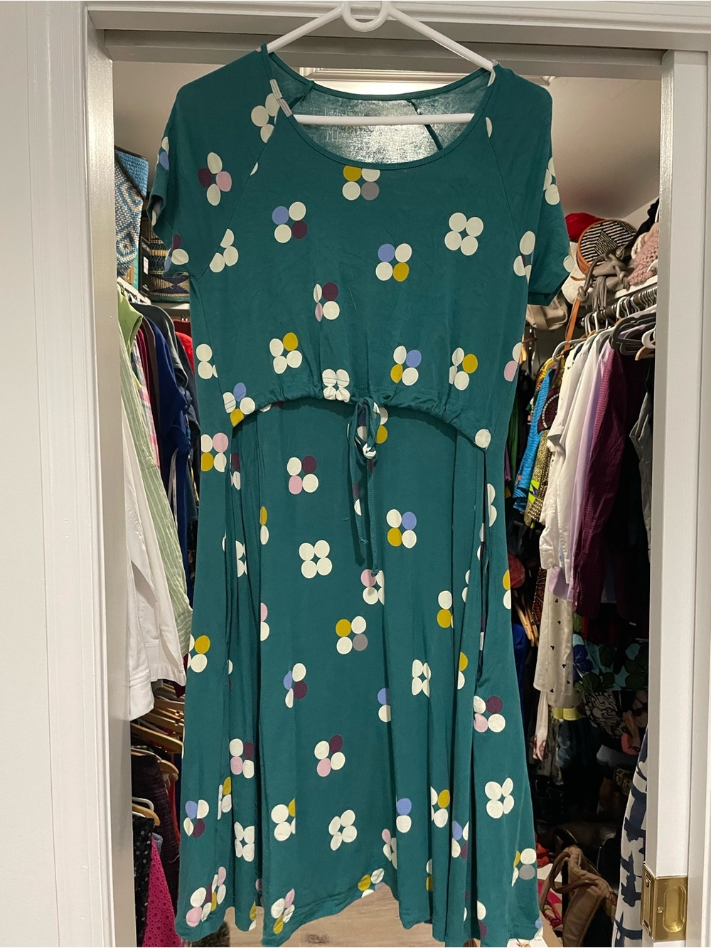 Teal Latched Mama Mod Dot Print Midi Nursing Dress with Drawstring Waist